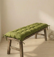 Load image into Gallery viewer, Olive green linen seat cushion with tufted design and corner ties for chairs or benches.