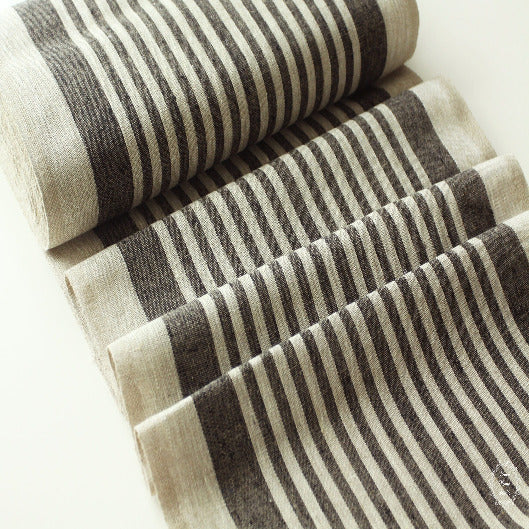 Rough Striped Linen Fabric -Black Narrow Rustic Heavy Weight 100%
