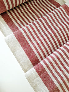 Rough Striped Linen Fabric Red - Narrow Rustic Heavy Weight 100% 