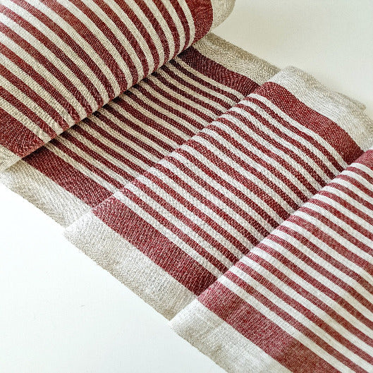 Rough Striped Linen Fabric Red - Narrow Rustic Heavy Weight 100% 