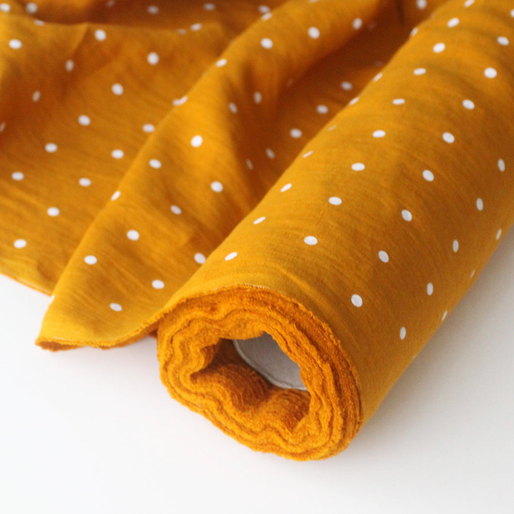 Mustard Polka Dot Linen Fabric -Stonewashed
