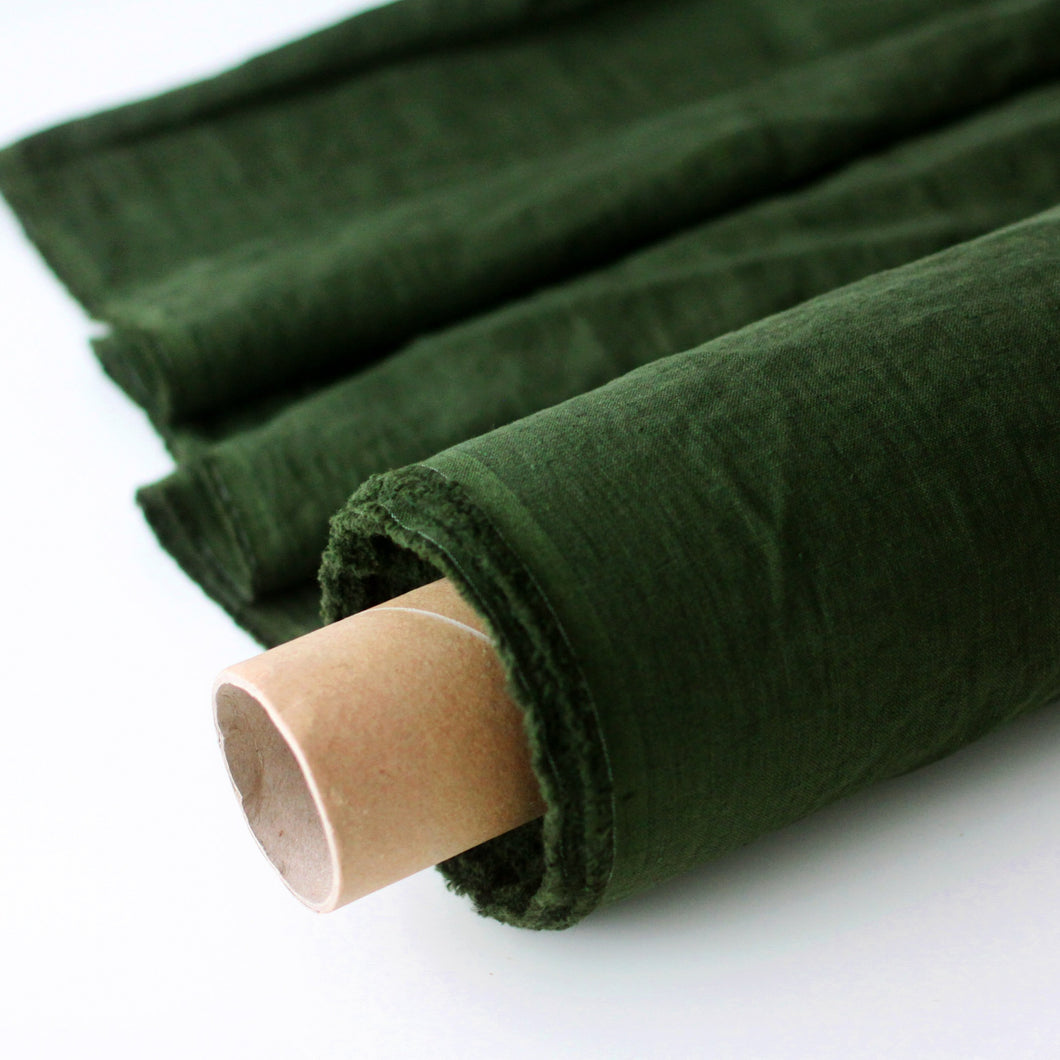 Khaki Green Linen Fabric - Stonewashed