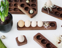 Load image into Gallery viewer, Wooden Egg Holder Tray - Easter Egg Display - Farmhouse Fresh Egg Storage - Egg Cup for Breakfast - Housewarming Gift - Solid Walnut Wood