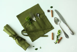 Travel Cutlery Pouch - On the go Cutlery Holder -  Linen Utensil Case for Travel Picnic or Outdoor Lunch