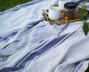 Linen Picnic Blanket - French Style Throw Blanket - Striped Bedspread Cover