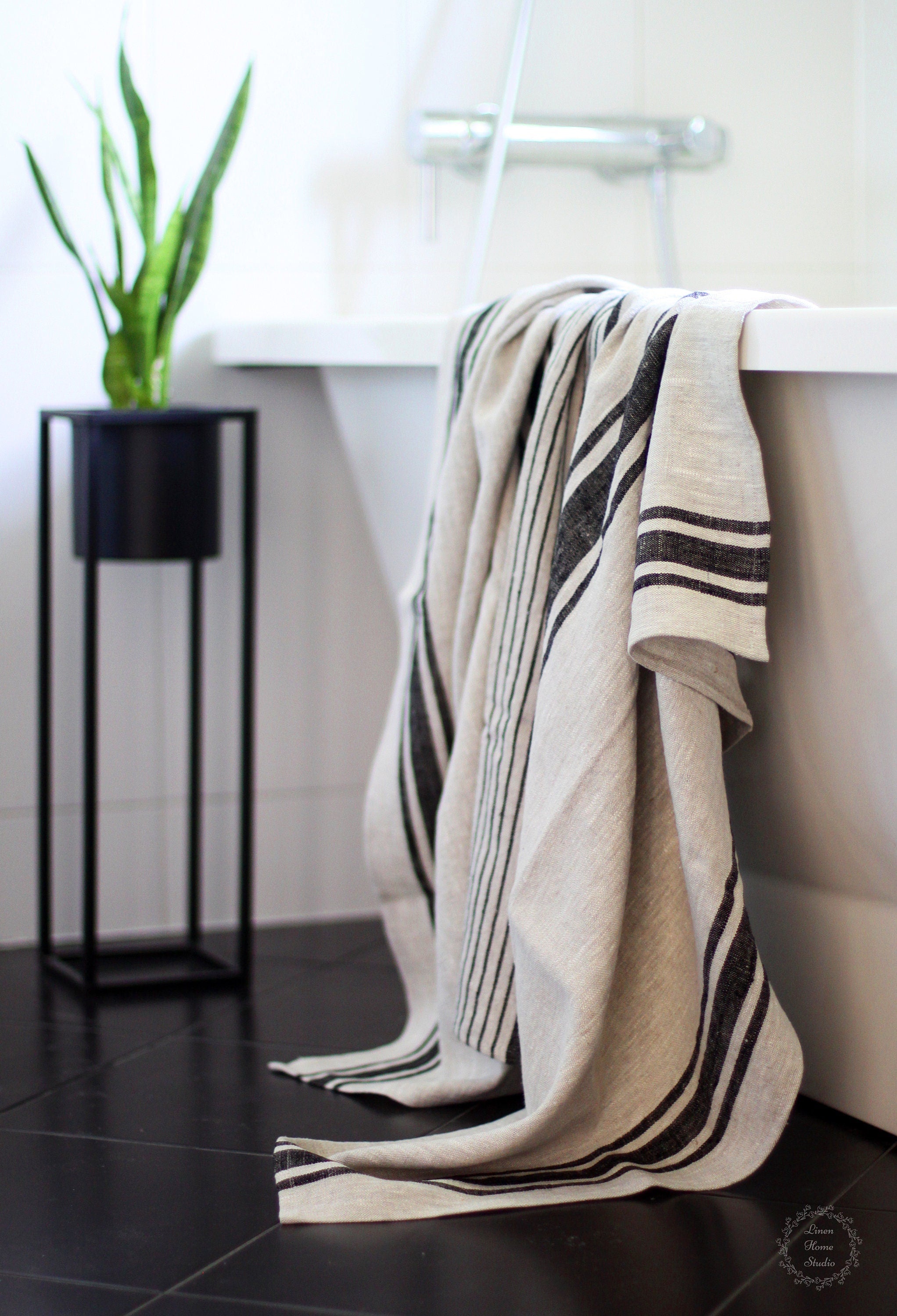 Big Linen Bath Towel - Striped French Style Beach Bathroom Sauna