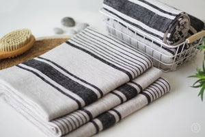 Linen Bath Sheet - Big Striped French Style Beach Bathroom Sauna Sheet - 100% Softened Organic Linen Stripe Blanket