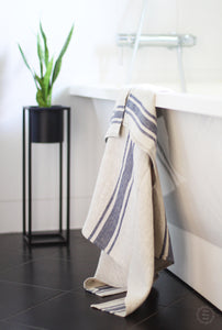 Grande serviette de bain en lin - Feuille de sauna de salle de bain de plage de style français à rayures - Couverture en lin biologique adoucie à 100 %