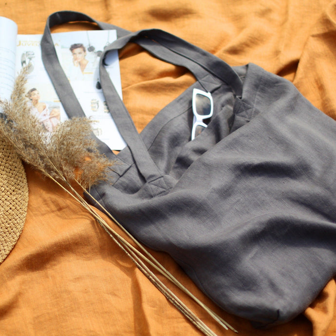 Linen Tote Bag - Shoulder Shopping Market Bag - Everyday Summer Bag - Strong Two Layers Bag Media 1 of 10