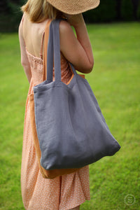 Linen Shopping Bag - Shoulder Tote Market Bag - Everyday Summer Bag - Strong Two Layers Bag