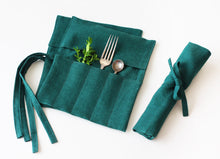 Load image into Gallery viewer, Travel Cutlery Pouch - On the go Cutlery Holder -  Linen Utensil Case for Travel Picnic or Outdoor Lunch