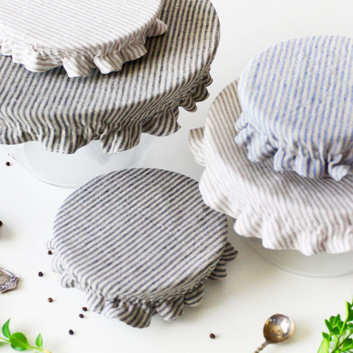 Striped Linen Bowl Dish Cover - Zero Waste Kitchen Storage - Washable Natural Fabric Jar Kombucha Dough Rising Cover - Reversible 2 Layers
