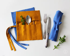 Gift for Camper Traveler - Linen Cutlery Roll - Reusable Utensil Holder