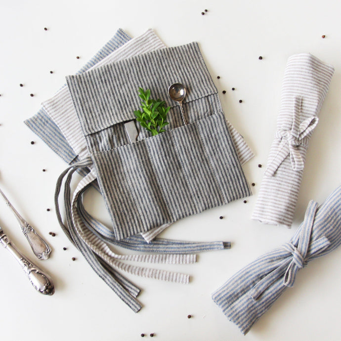 Cutlery Roll - Linen Utensil Case for Travel Picnic or Outdoor Lunch