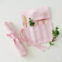 Load image into Gallery viewer, Linen Cutlery Holder for Travel Picnic or Outdoor Lunch - Reusable Utensil Holder Bag