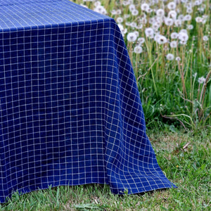 Checkered Blue Linen Tablecloth Rectangle Square Round - Washed 100% Linen Fabric